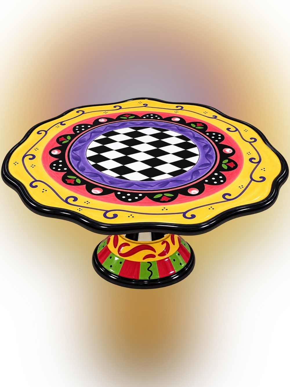 Colorful Hand-Painted Pedestal Cake Stand - Yellow, Purple & Black